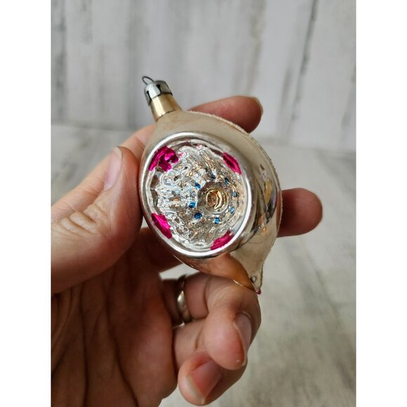 Vintage Mercury glass indent teardrop blue striped flocked ornament Xmas tree - Picture 6 of 13